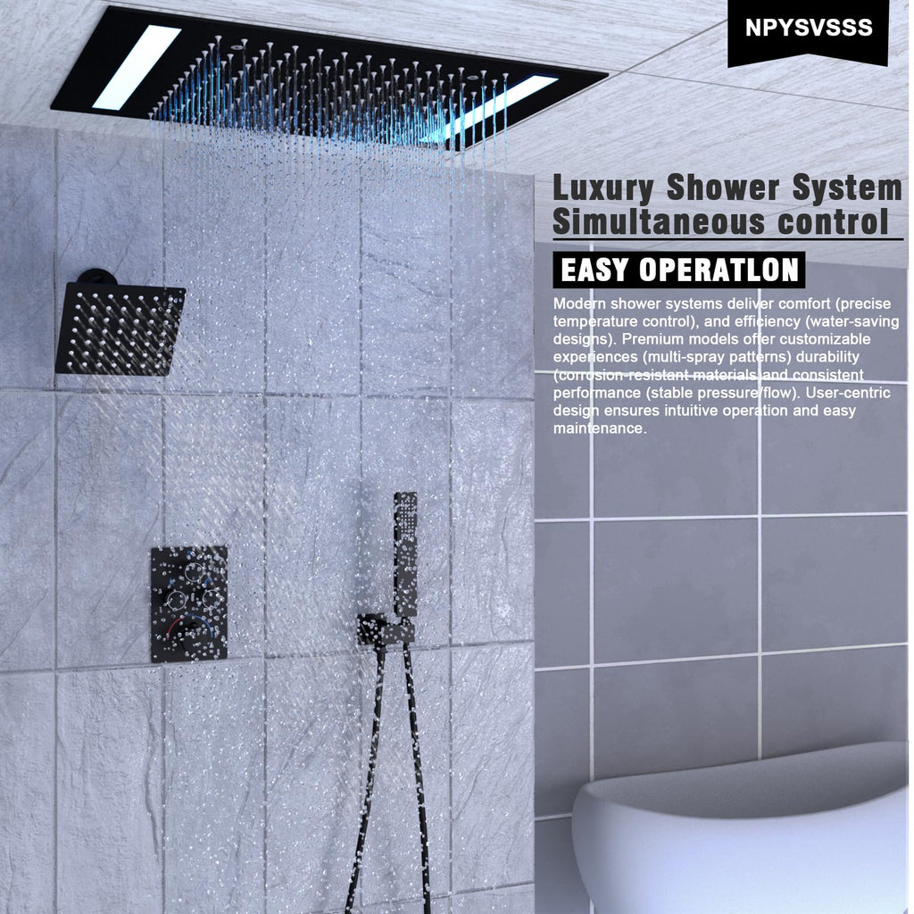 Dual Rain Shower Head System Faucet Set Ceiling Mount 14x20 Inch LED Head with 6 Inch Wall Head and Handheld Shower