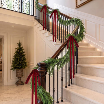 15ft Christmas Garland for Stair with 4 Velvet Bows, Cedar Pine