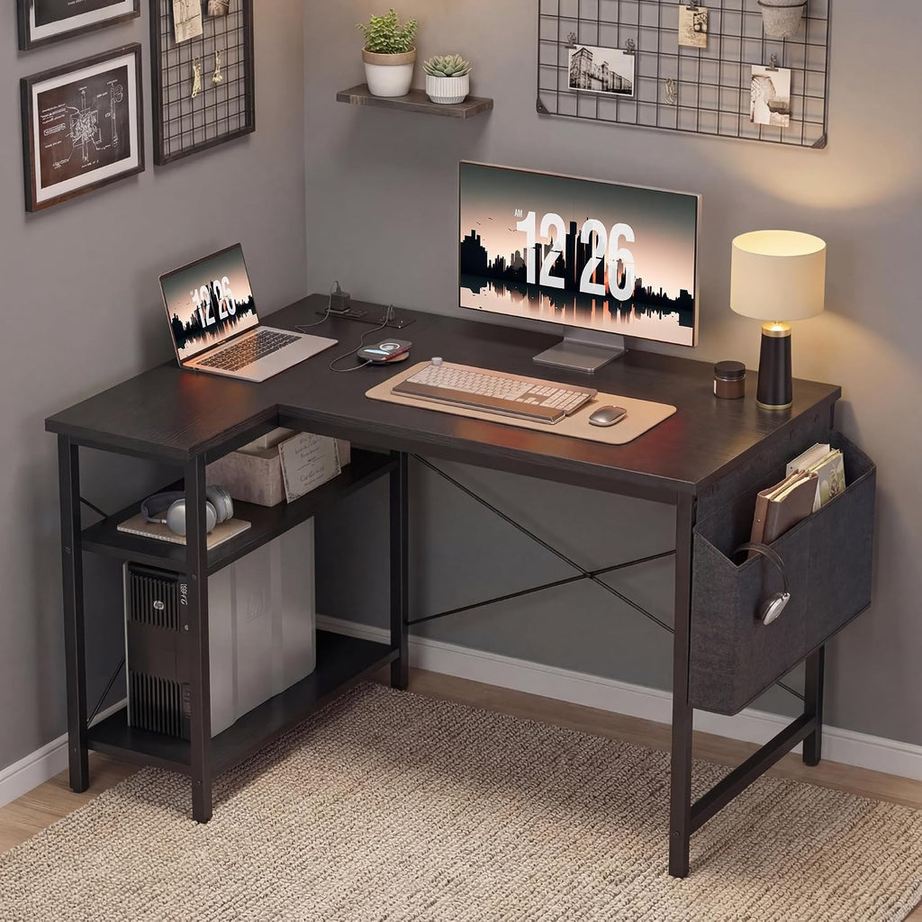 L Shaped Computer Desk with Power Outlets, 47 Inch Small Corner Desk with Reversible Shelves, Gaming Desk Computer