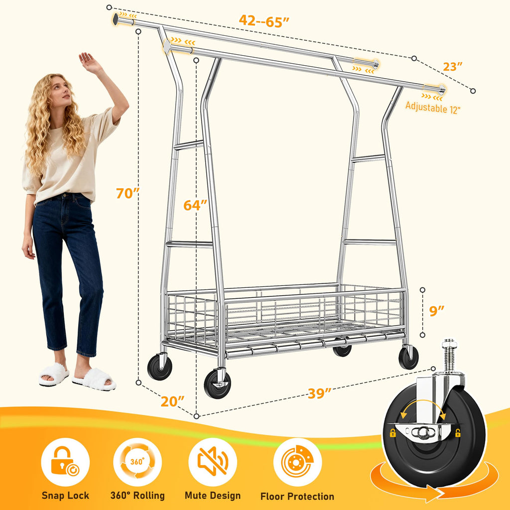 630LBS Rolling Clothes Rack, Extendable 42-65" W Clothing Rack