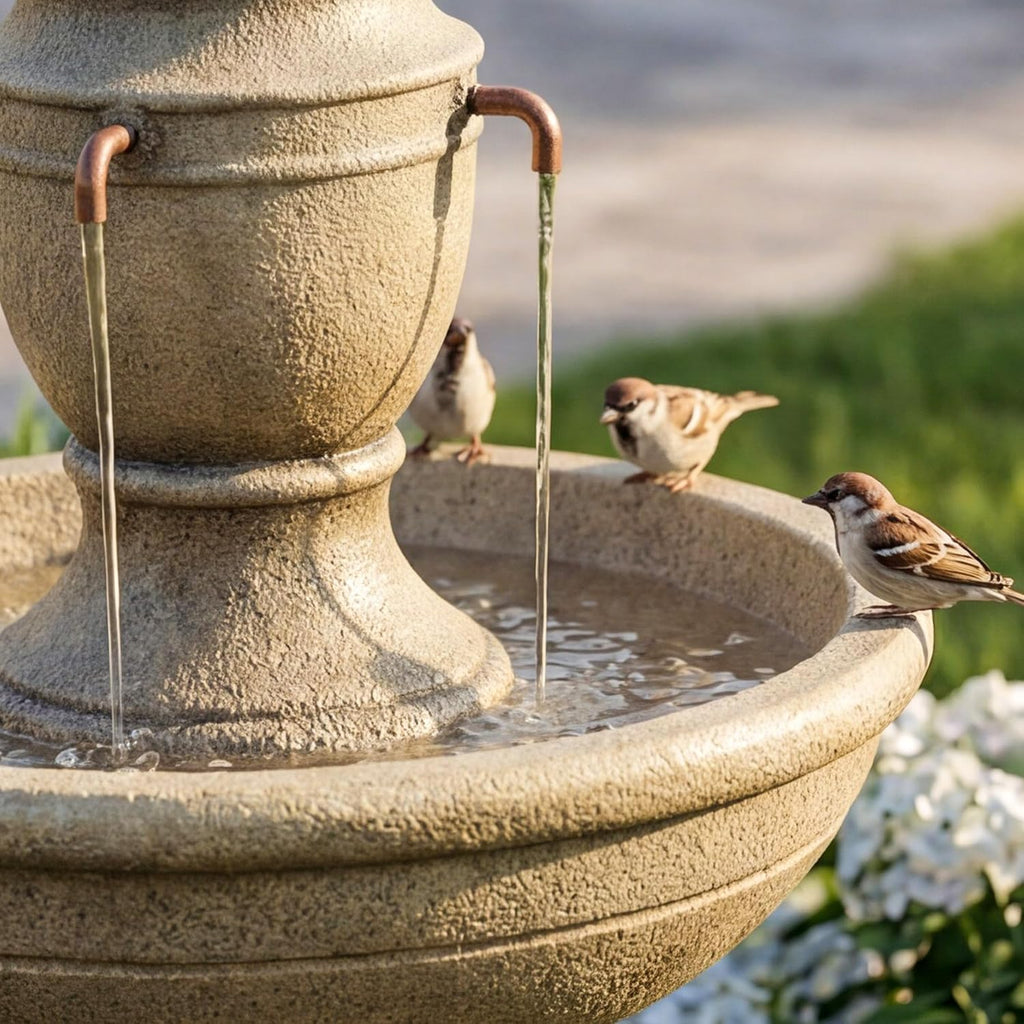 35" Outdoor Water Fountain, 2-Tier Resin Brown Garden Fountain | Modern Italian Floor Standing, with Warm Light, Home