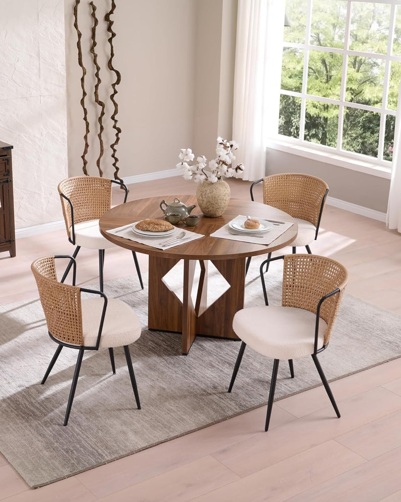 BedsPick Rattan Dining Chairs Set of 2 - Farmhouse Upholstered Cane Back Kitchen Chair with Boucle Cushion