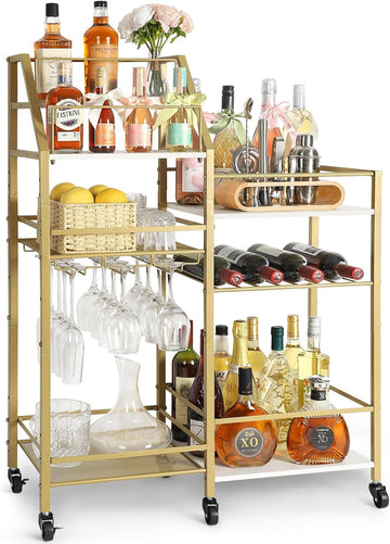 Gold Bar Cart With Wine Glass Holder, Stand , Small Mini Bar for Whiskey Wine, Liquor Cart, Alcohol Cabinet
