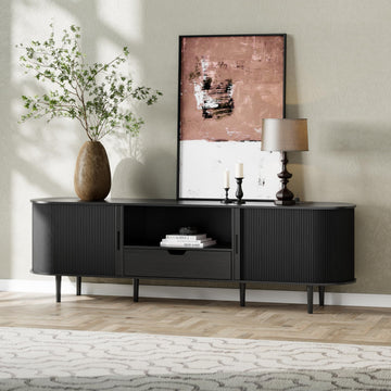 71" Fluted TV Stand with Power Outlet for TVs up to 80", TV Console with Adjustable Shelves and Sliding Door, Mid