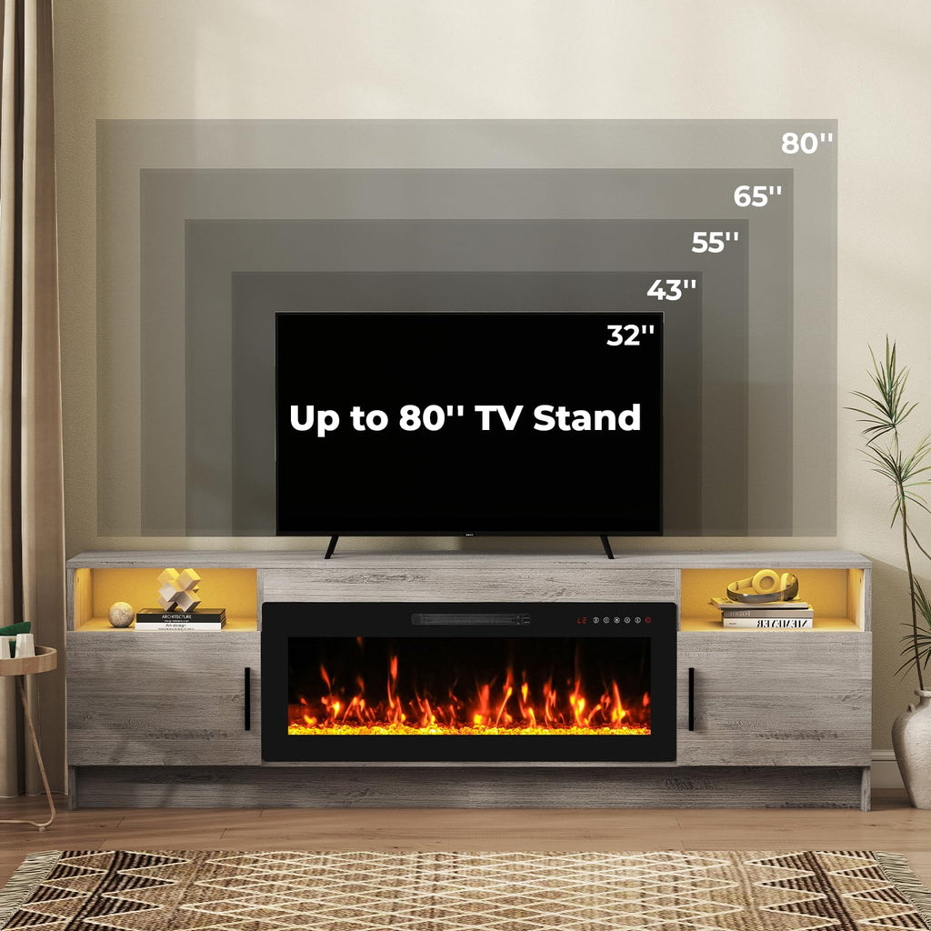 70" Fireplace TV Stand for TVs Up to 80", LED Light Media Console with 36" Electric Heater, Storage Cabinet