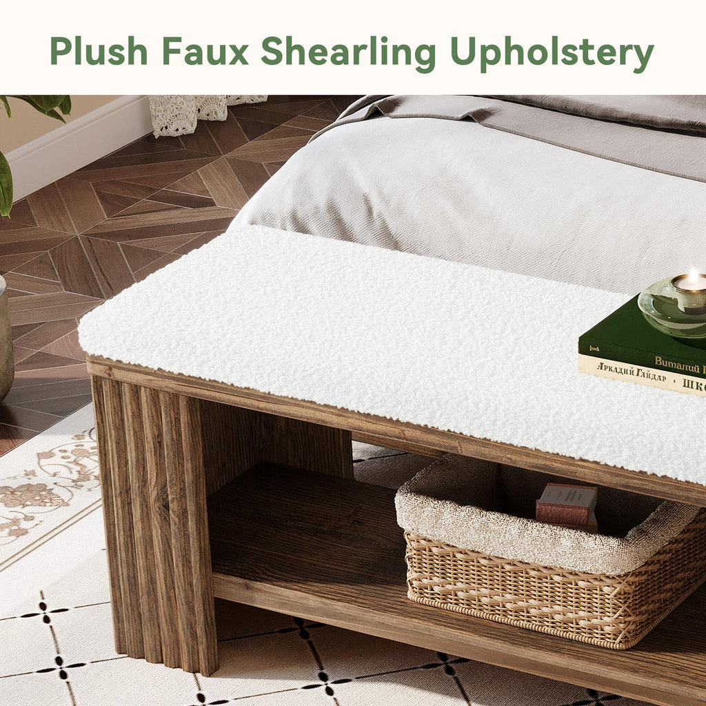 63" Solid Wood Entryway Bench, Farmhouse Upholstered End of Bed Bench with Removable Faux Lambswool Cushion and