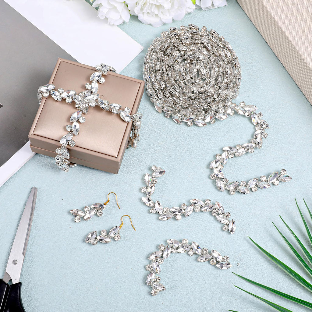 Silver String Strips Crystal Rhinestone Chain Trim Applique Diamond Applique Embellishment for Wedding Bridal - 3 Yards