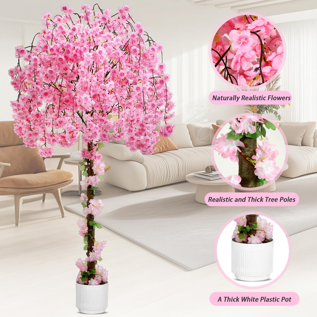 Artificial Cherry Blossom Tree, 6FT Height with 100 LED Lights, Faux Silk Plant in Pot, Wedding, Garden, Party, and