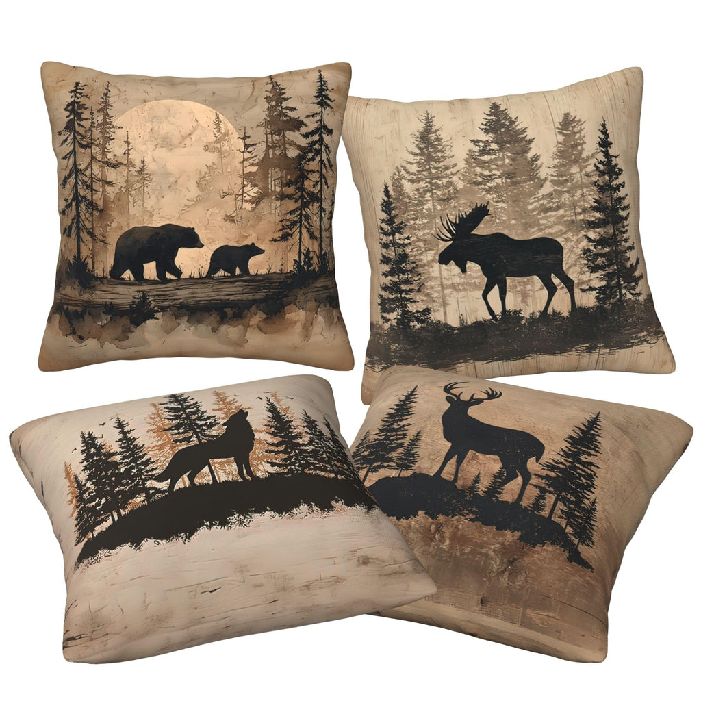 Cabin Rustic Decorative Throw Pillow Covers 20x20 Set of 4, Bear Wolf Nature Decor Pillow Cases for Log Couch Sofa