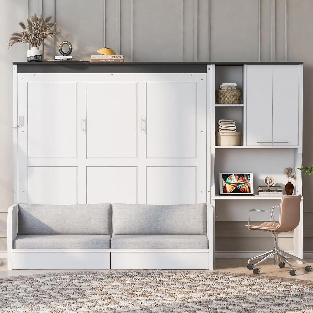 Queen Murphy Bed with Sofa, Desk and Storage Cabinet, Solid Wood Wall Bed Frame, Space-Saving Foldable Design, White