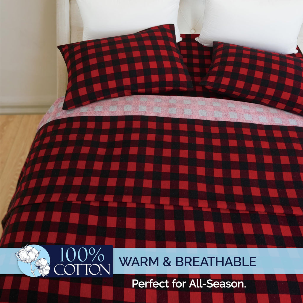 Buffalo Check Plaid Flannel Sheet Set, Queen, Burgundy