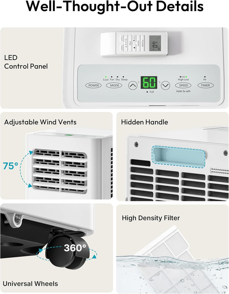 Portable Air Conditioners 10,000 BTU, 4-in-1 Air Conditioner Portable Up to 450 Sq.Ft. with Cool, Fan, Dehumidifier