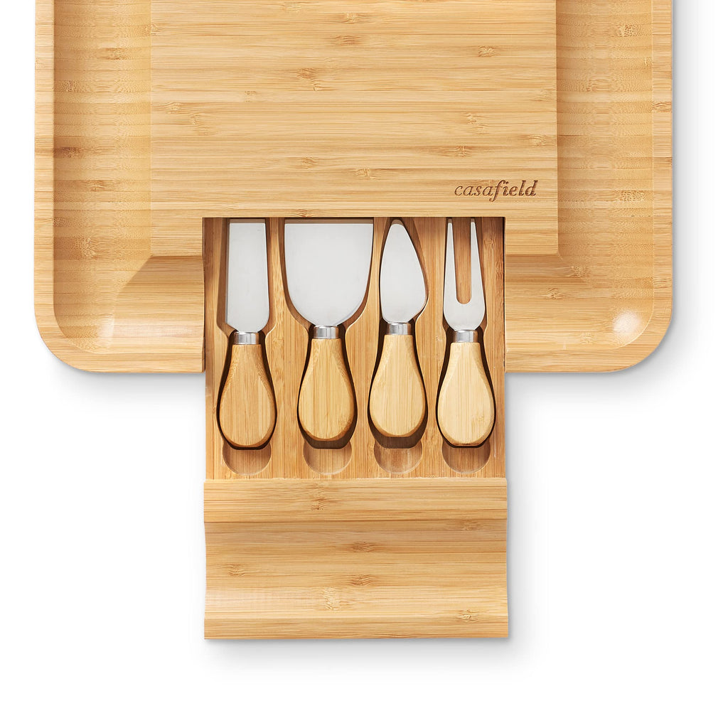 Bamboo Cheese Board and Knife Gift Set, Wooden Charcuterie Board Meat and Cheese Platter for Entertaining