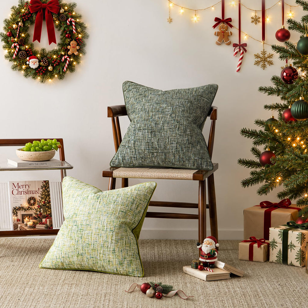 Green Reversible Pillow Covers 2 Pack - Farmhouse Chenille Velvet Throw Pillows, Neutral Textured Decorative Throw