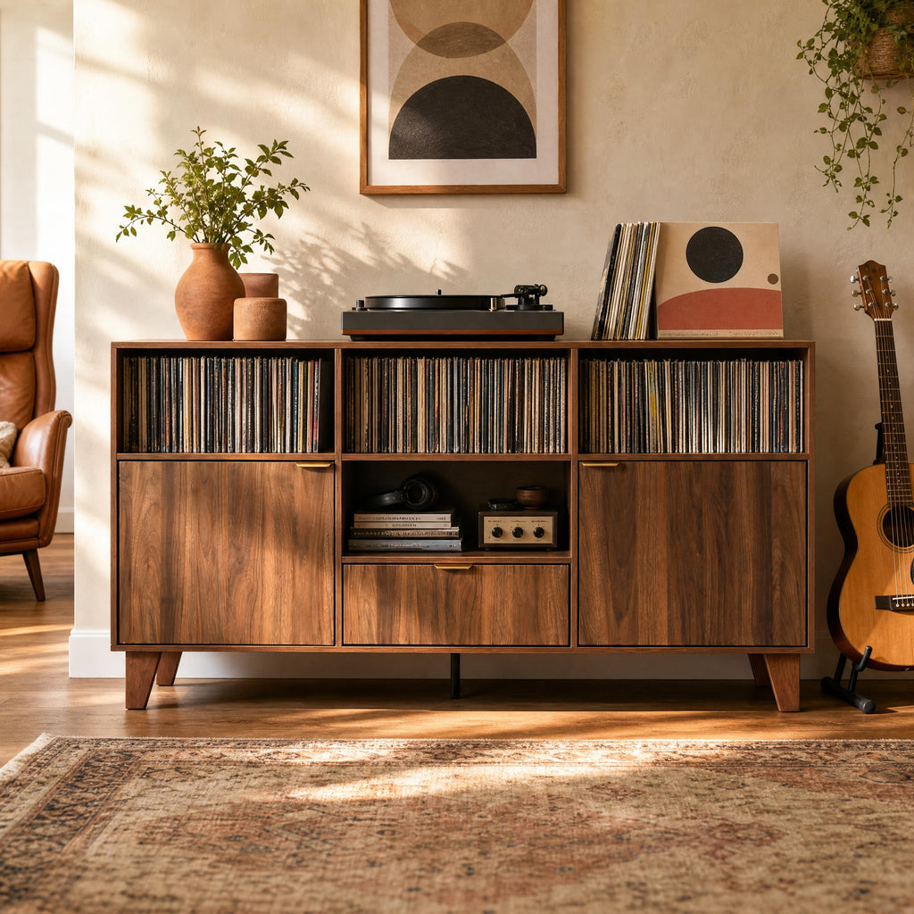 Large Record Player Stand with Vinyl Storage, Mid Century Modern Turntable Cabinet with Charging Station & Power