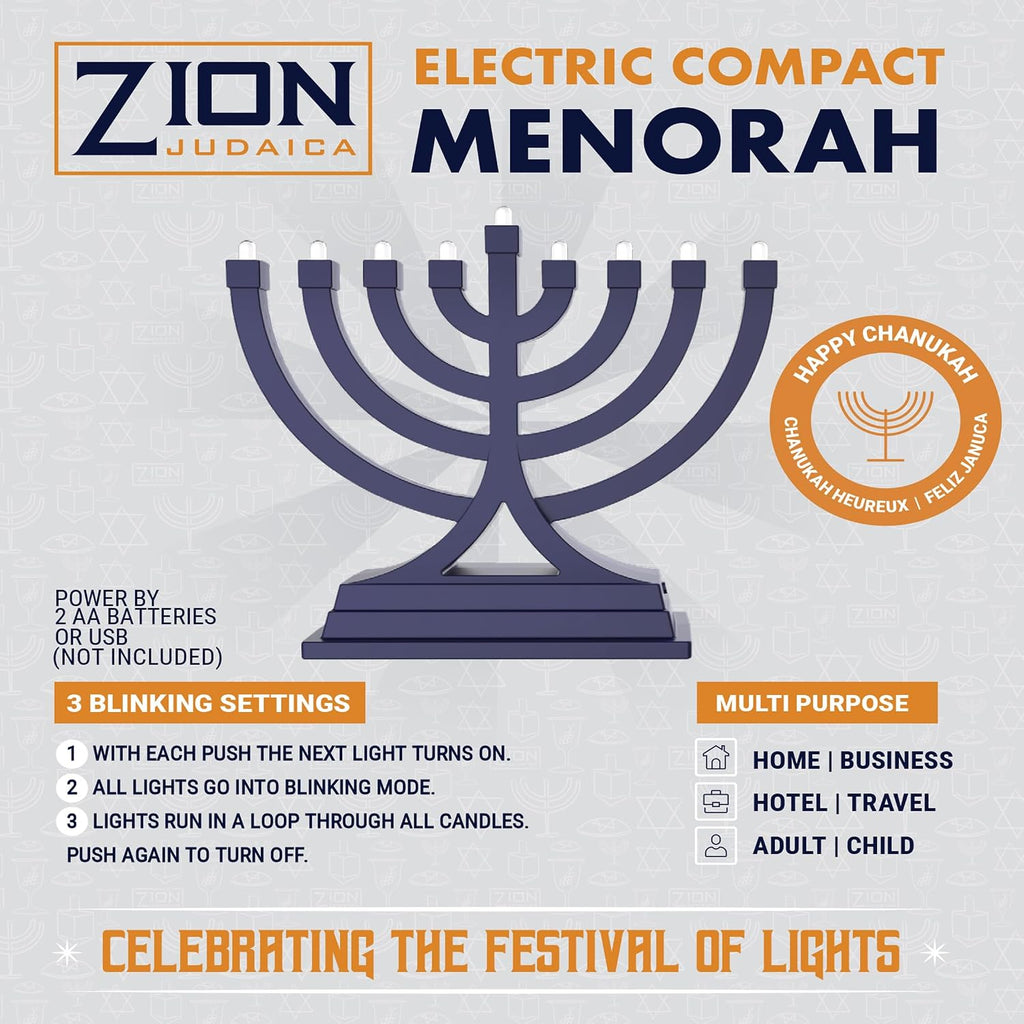 Zion Judaica Multi-Pack Mini LED Hanukkah Battery or USB Operated Hanukkiah Multiple Lights Settings Menoirah Lights - Set of 2