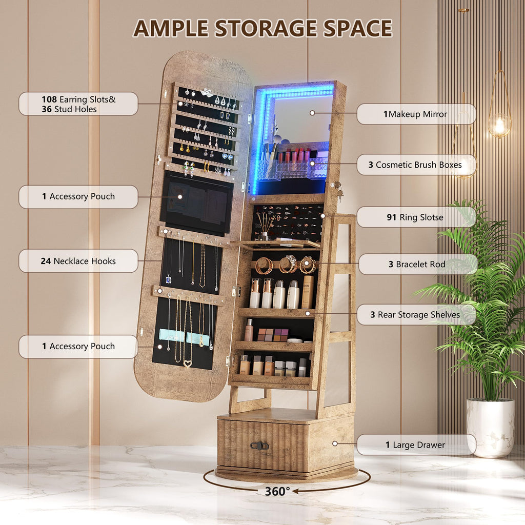 360 Swivel Jewelry Armoire Organizers with Full Length Mirror