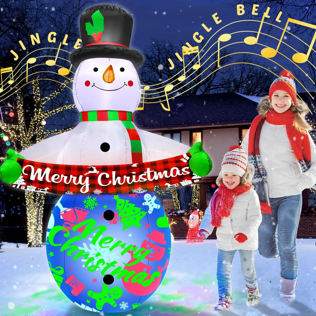 7FT Christmas Inflatables Decorations with Built-in Music & 360° Rotation Colorful Projector LED Light Snowman