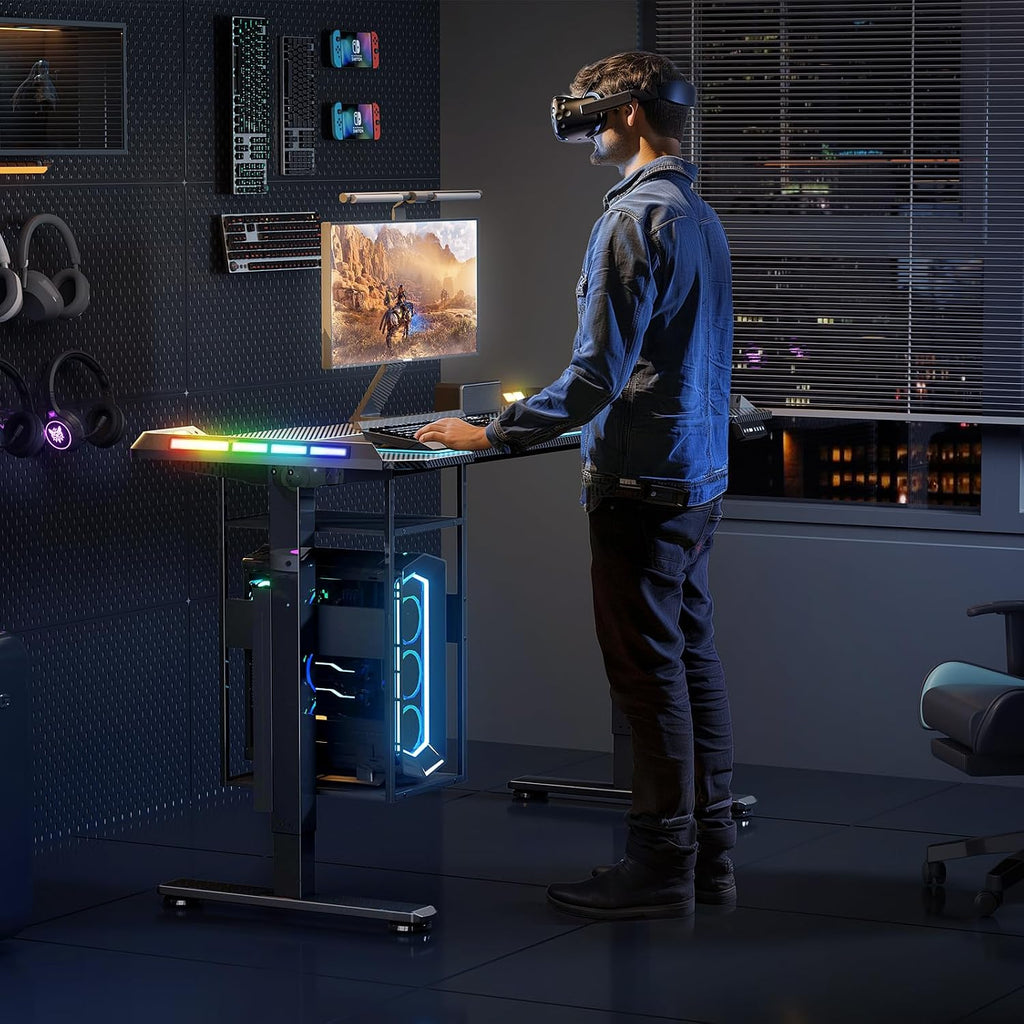 55" x 24" Electric Gaming Standing Desk with LED Lights & Host Shelf | Gaming Desk with Music Sensing APP Control