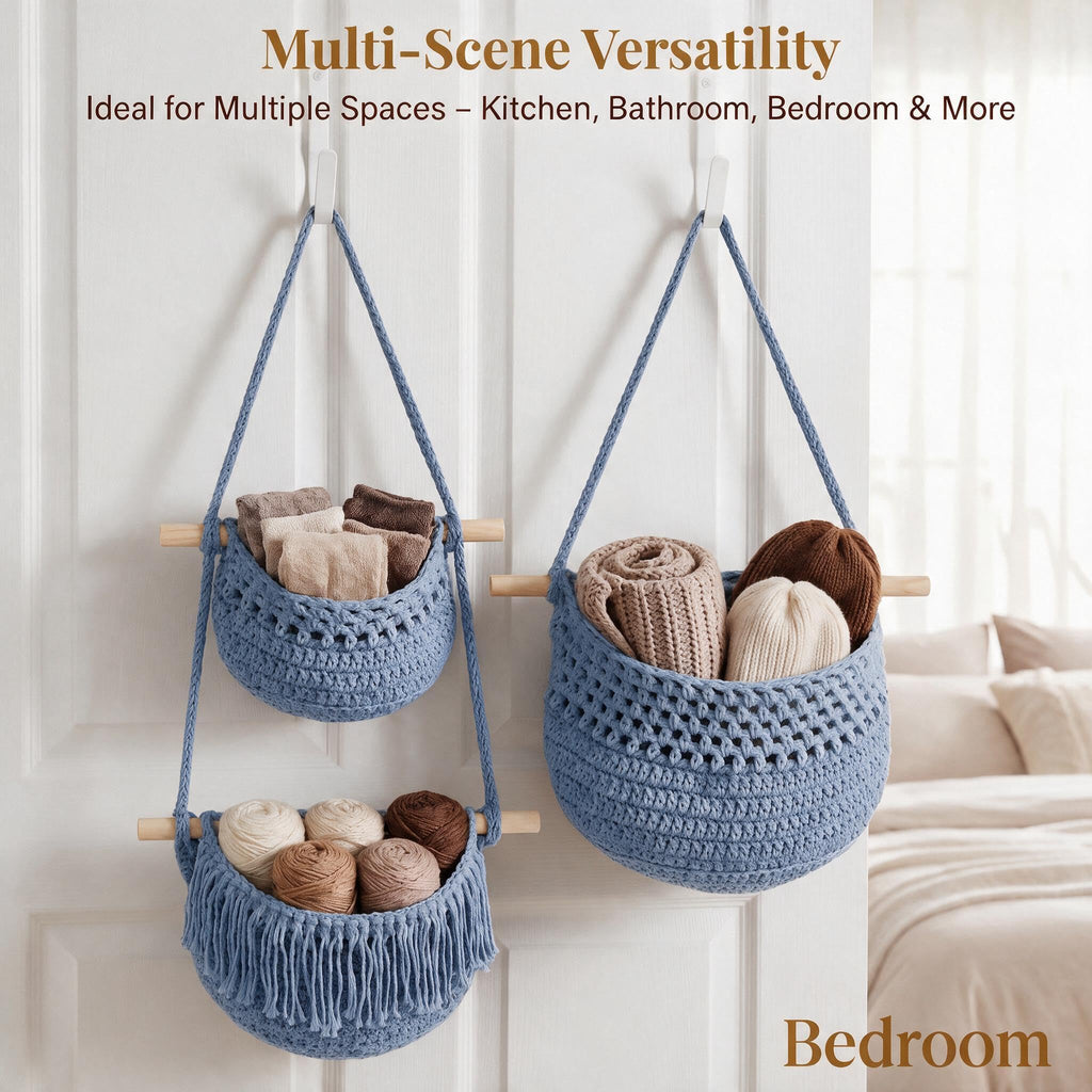 Boho Style Handwoven Rope Hanging Basket - 3-Tier Detachable Storage Organizer /Bathroom/Entryway, 3 Included