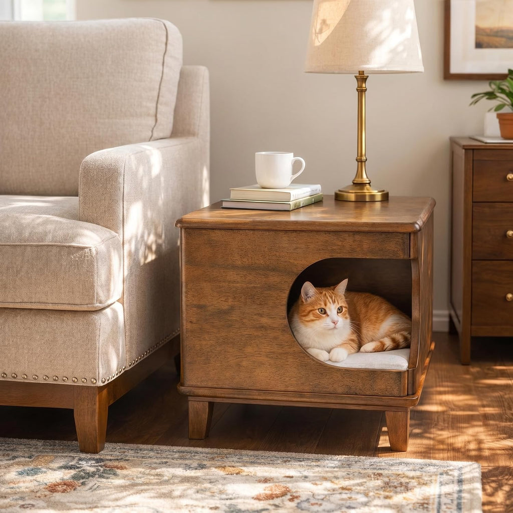 Beryl Rubber Wood 2-in-1 Cat House End Table with Cushion, Multi-Functional Pet Side Table Cat Cave Nightstand