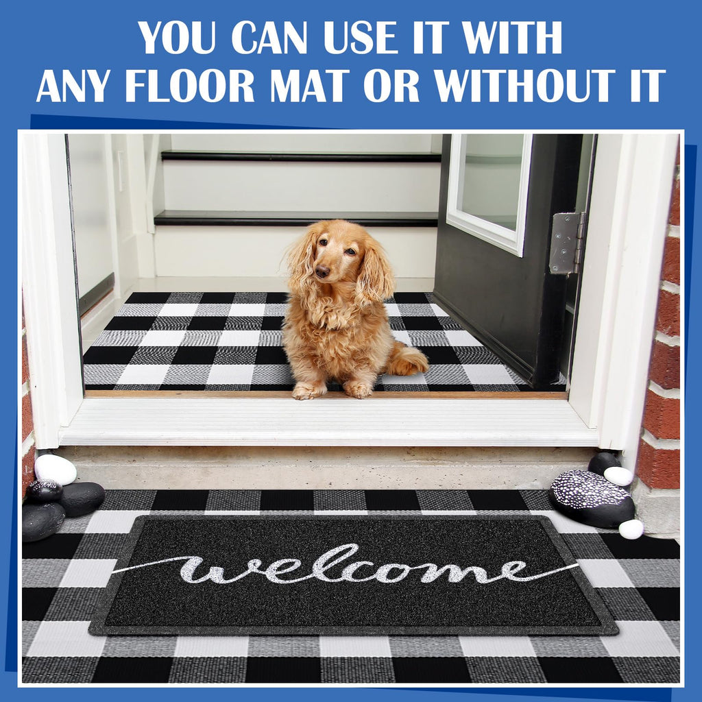 2 Pcs Layered Welcome Doormat, Black and White Buffalo Plaid Rug Set