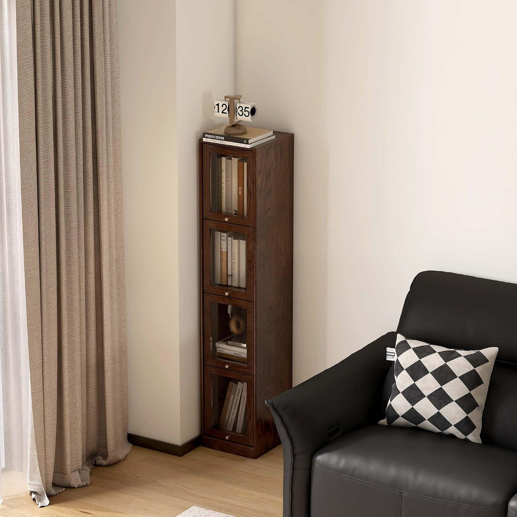 Solid Oak Narrow Wood Bookcase, 4 Tier Skinny Storage Cabinet with Tempered Glass Flip-Up Doors, Slim 4 Cubes Display