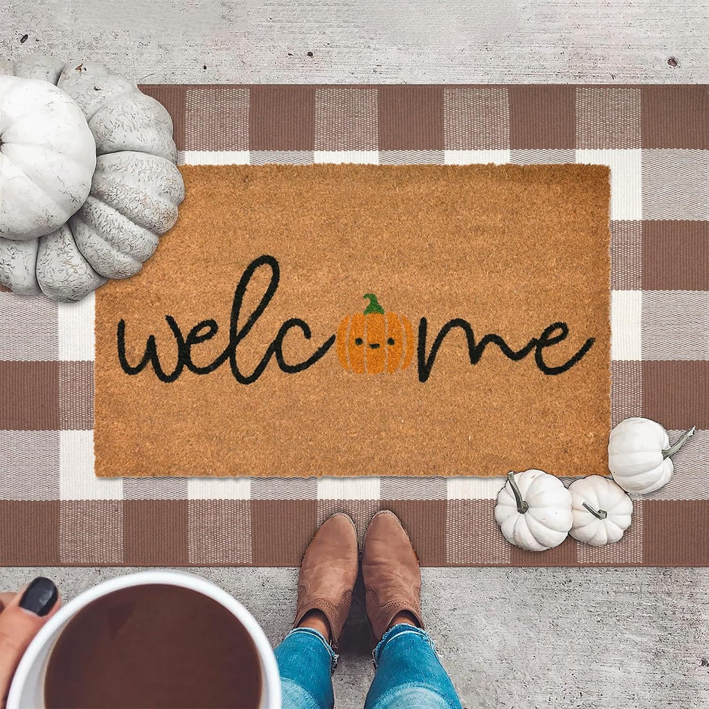Fall Door Mat Combo Set, Welcome Coco Coir Welcome Doormat + 28" x 43" Mocha and White Plaid Rug, Autumn Thanksgiving