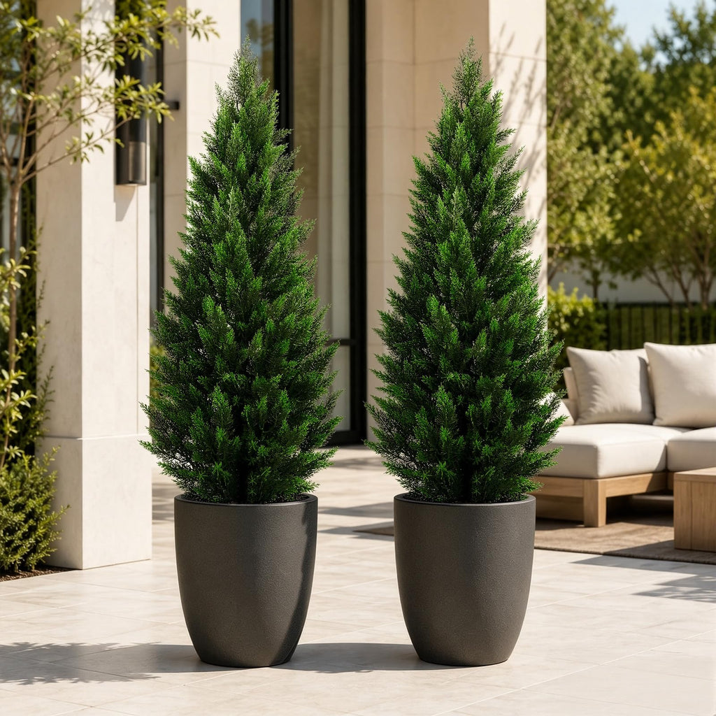 Artificial Topiary Cedar Trees 5FT Tall 2 Set, Outdoor Indoor Faux Pine Shrubs Plants, Realistic Fake Plants Front