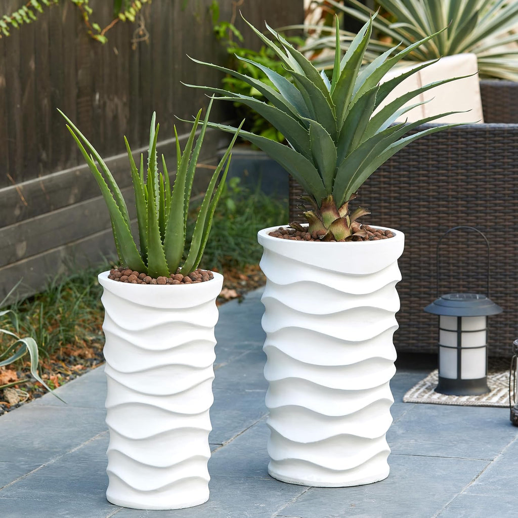 LuxenHome Tall Planters for Outdoor Plants, Set of 2 Garden White | With Drainage Hole and Rubber Plug, Modern White