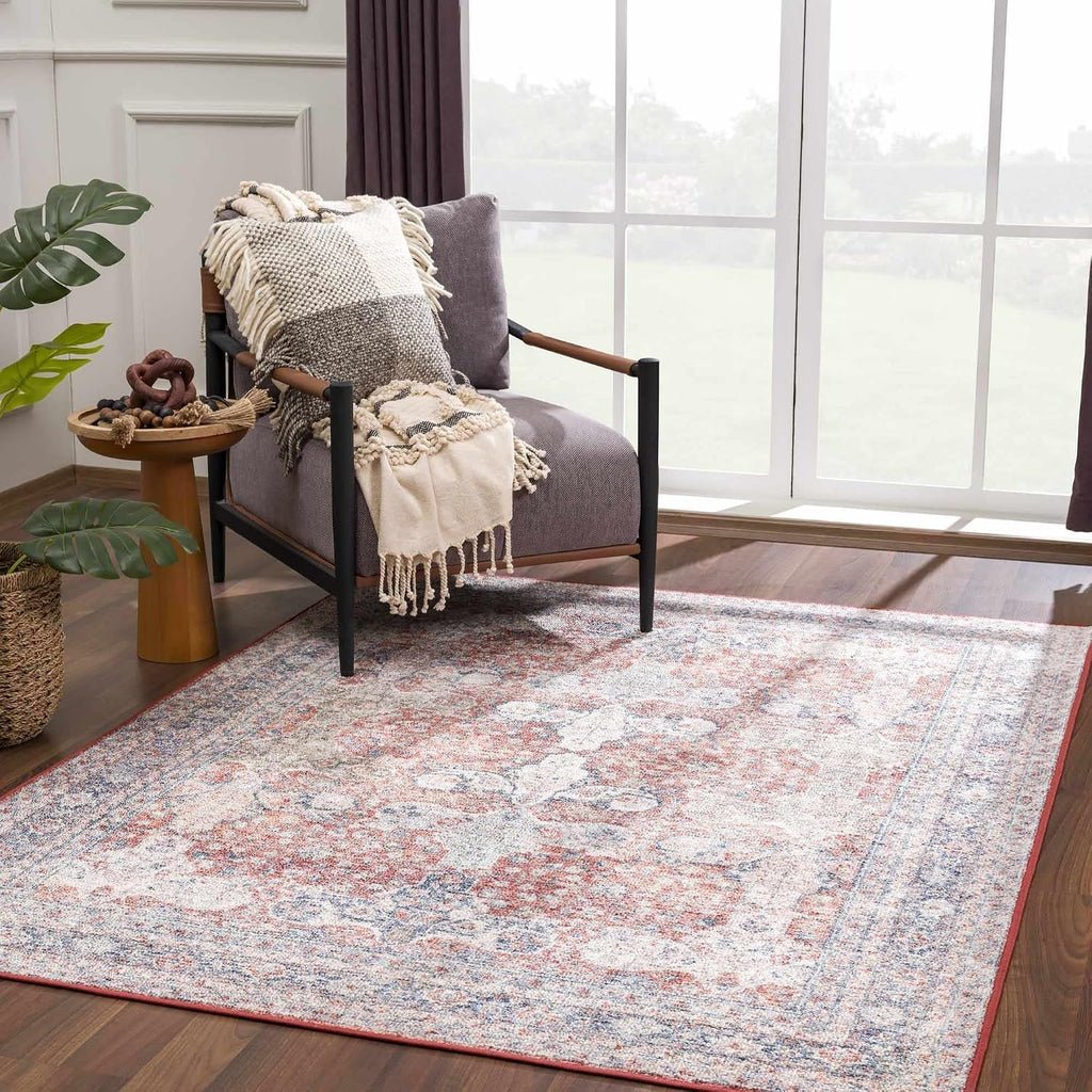 Ambre Living Room, Bedroom Machine Washable Area Rug - Floral Medallion Border Distressed Faded - Oriental