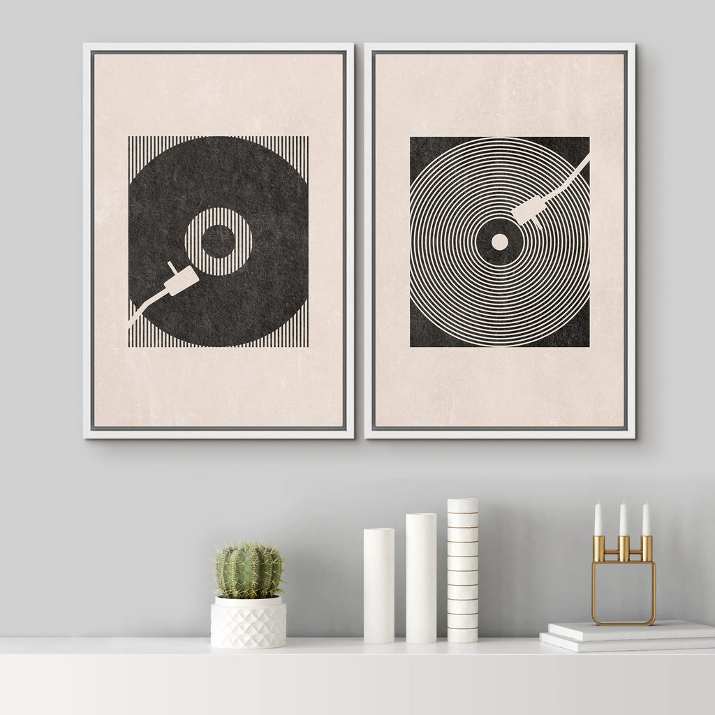 Framed Canvas Print Wall Art Set Mid-Century Geometric Music Record Player Shapes Abstract Illustrations Modern Art