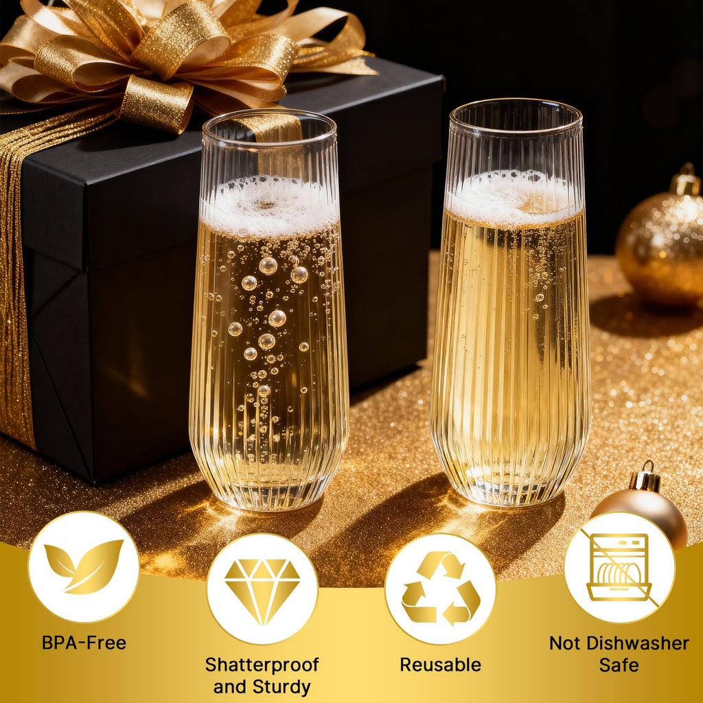 24pack Clear Plastic Champagne Flutes, 9oz Stemless Champagne Flute
