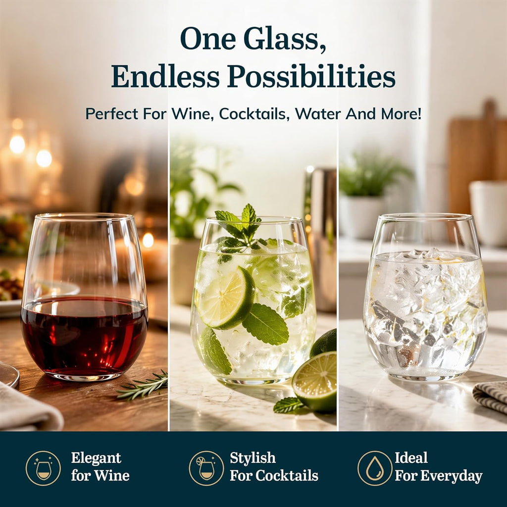 Stemless Wine Glasses Set of 12, Dishwasher Safe Set Of Wine Glasses, Perfect for Cocktails, Water, and Outdoor