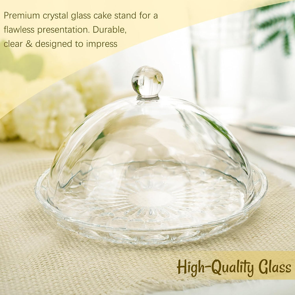 7'' Glass Cake Plate with Dome, Clear Cake Stand with Lid - Set of 2