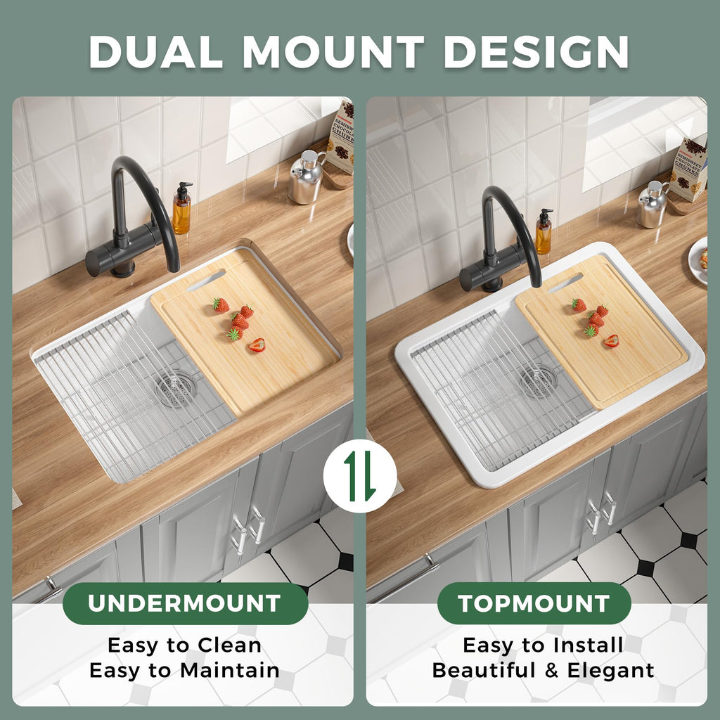27 Inch Fireclay Undermount & Drop Sink Workstation White