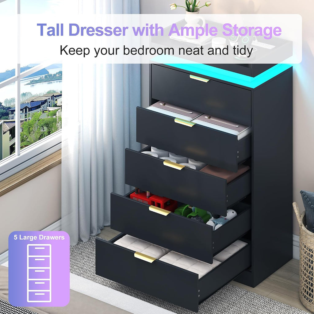 Tall Dresser , Black Dresser with LED Lights, Wood 5 Drawer Chest with Power Outlet, Modern Tall Chest of Drawers