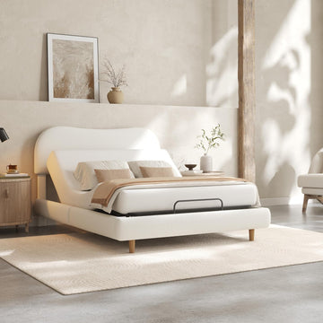 Queen Adjustable Bed with Boucle Upholstered Bed Frame, White