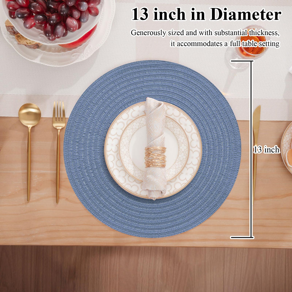 13" Round Braided Placemats Set of 6, Dusty Blue Washable Place Mats