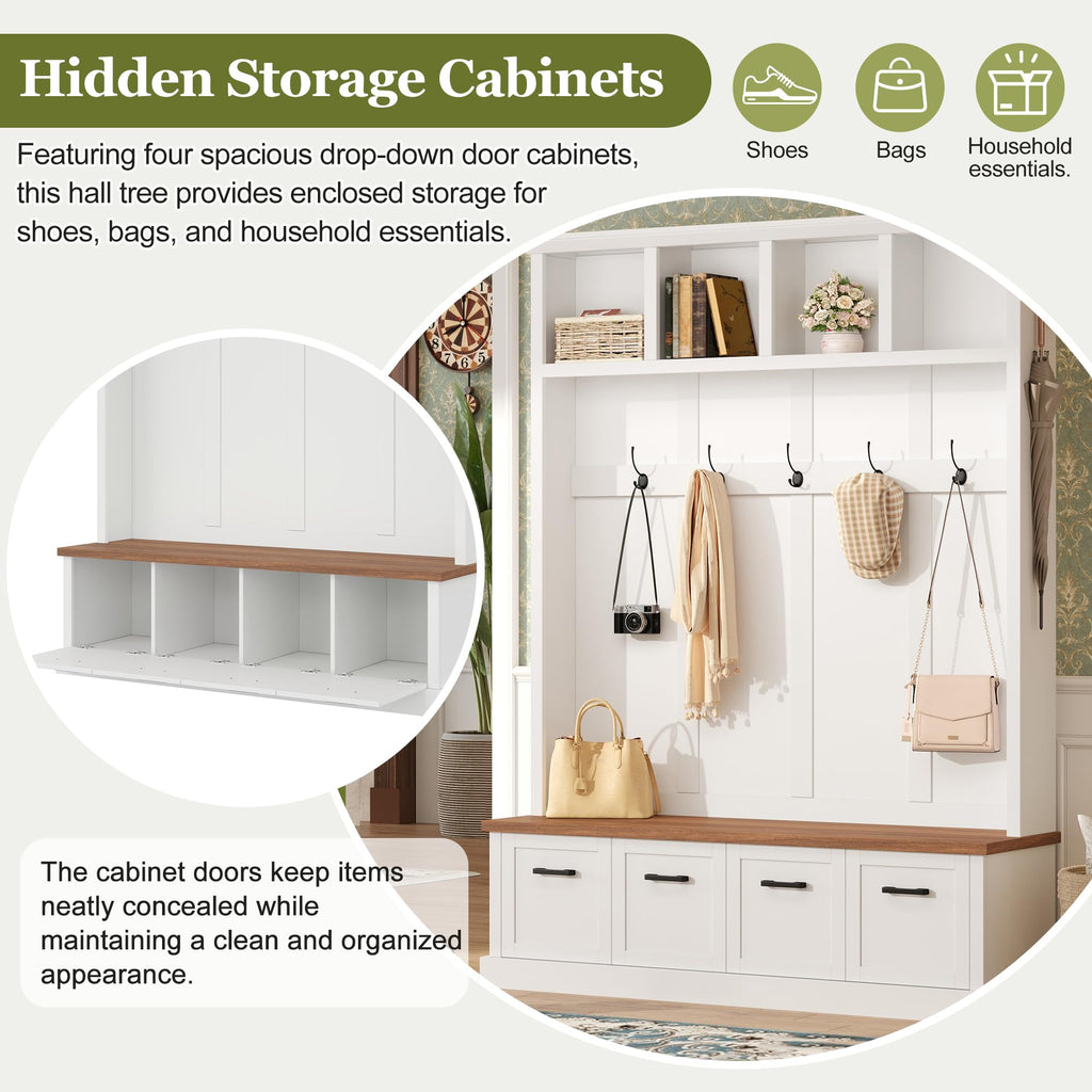 Farmhouse Hall Tree with Storage Bench, Mudroom Coat Rack with 6 Hooks, Modern All-in-One Entryway Organizer with