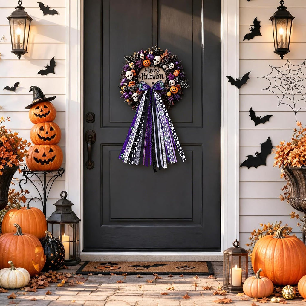 Black Purple Halloween Wreath Bow Wreath Sash for Front Door Decoration