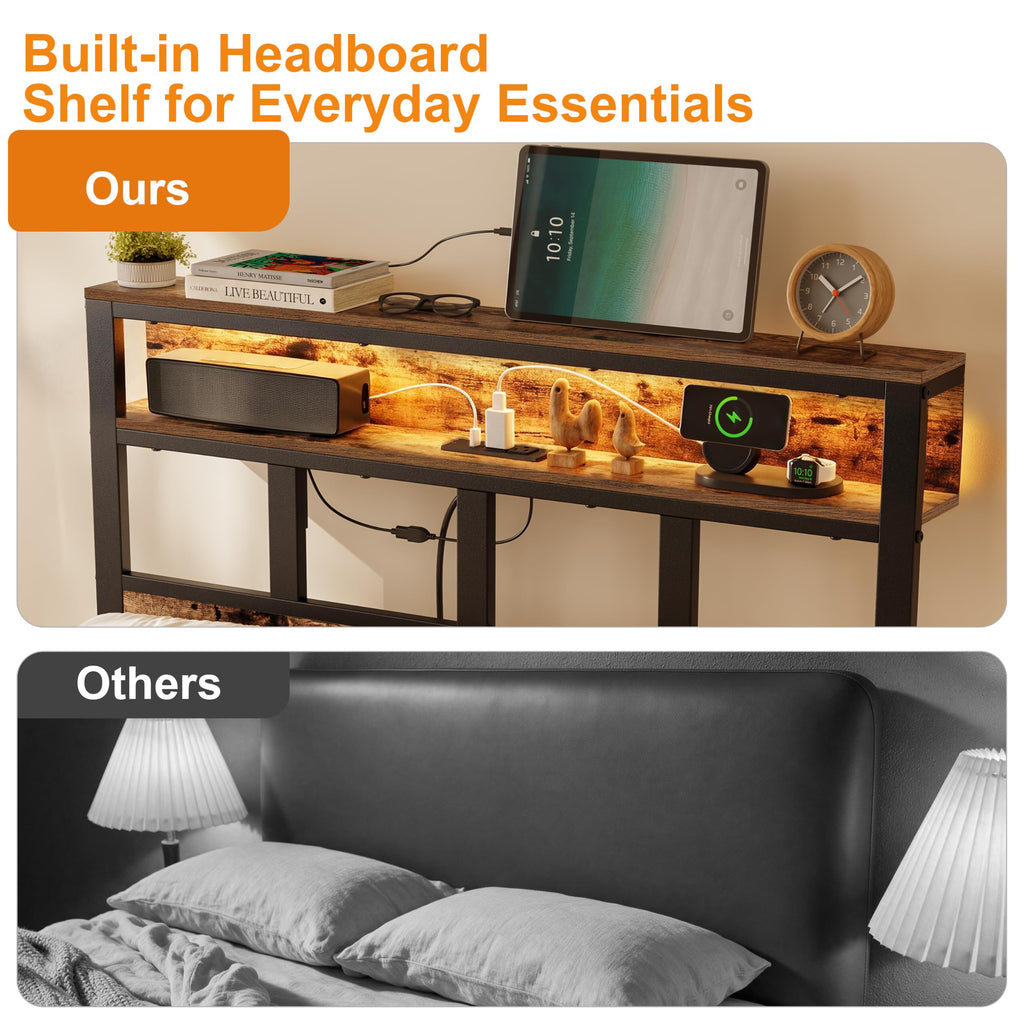 Bed Frame with Headboard and Storage Shelf, Metal Platform Bed Frame with Charging Station, LED Lights
