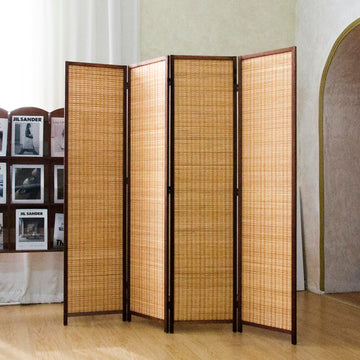 4 Panel Bamboo Room Divider Screen, 5.6 FT Tall Bamboo Divider Folding Panel Screen, Freestanding Panel Divider for