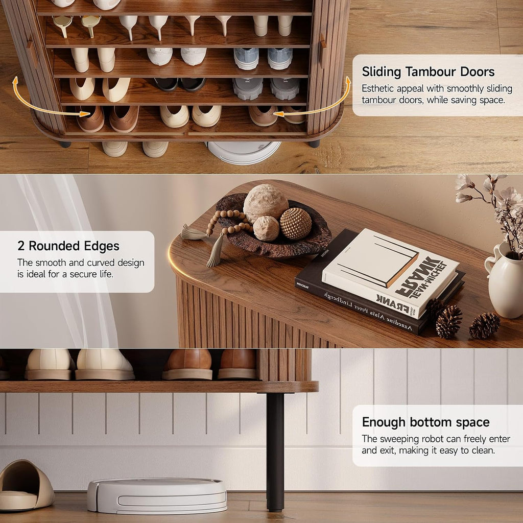 6-Tier Shoe Cabinet with Sliding Door, Wooden Shoe Storage Cabinet with Adjustable Shelves, Mid-Century Modern