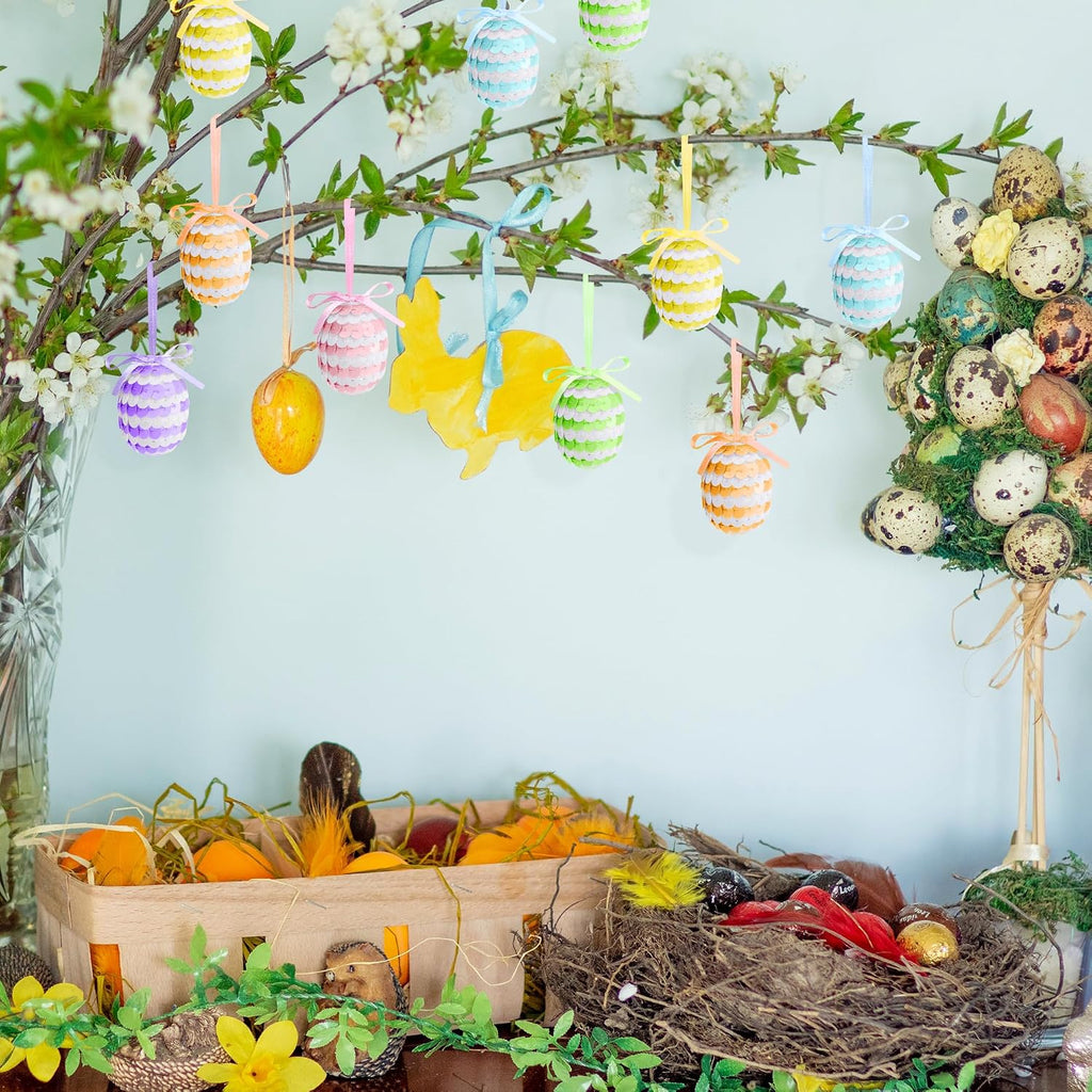 Easter Hanging Sequin Eggs, 1.6" Stripes Easter Eggs Ornaments with Bow, Glitter Spring Hanging Egg Tree - Set of 30