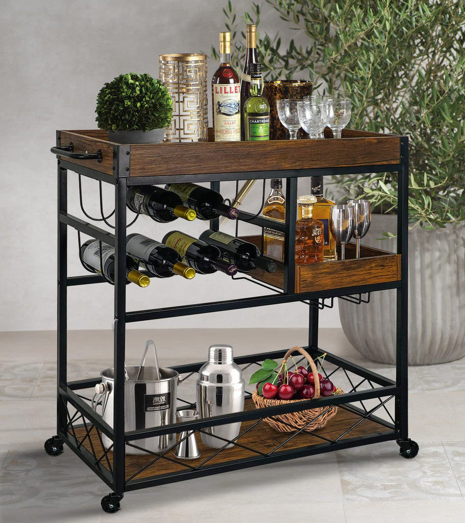 Bar Cart Industrial Mobile Kitchen Serving Carts 3 Tier Storage Trolley with Wine Rack Glasses Holder Two Portable