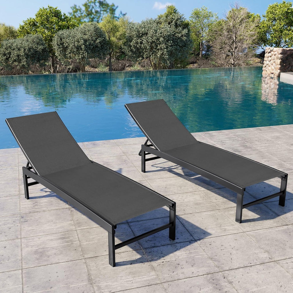 Chaise Lounge Chair Outdoor Set of 2, Adjustable 5 Positions Pool Lounge Chairs, Metal Tanning Recliner, Outdoor