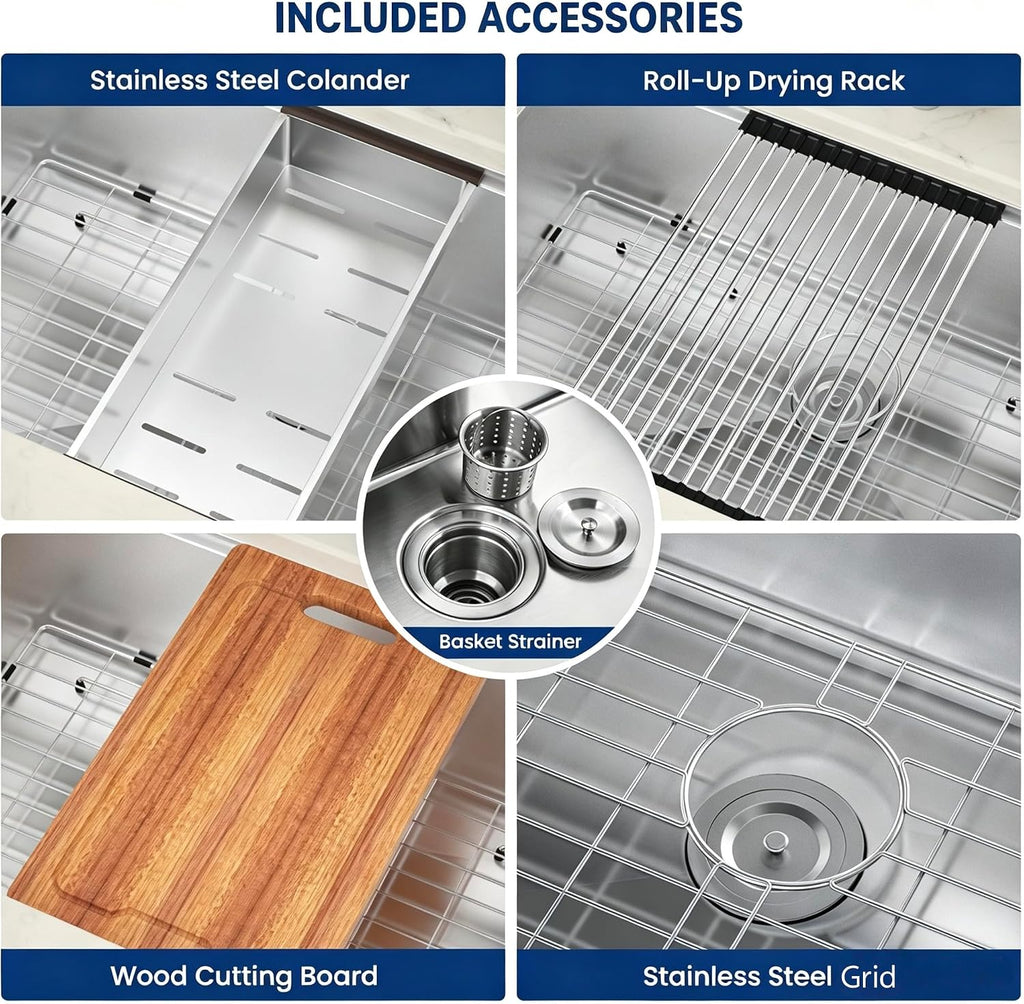 32-Inch Undermount Workstation 16 Gauge Single Bowl Stainless Steel Kitchen Sink with Accessories, 32x19x10 Inch