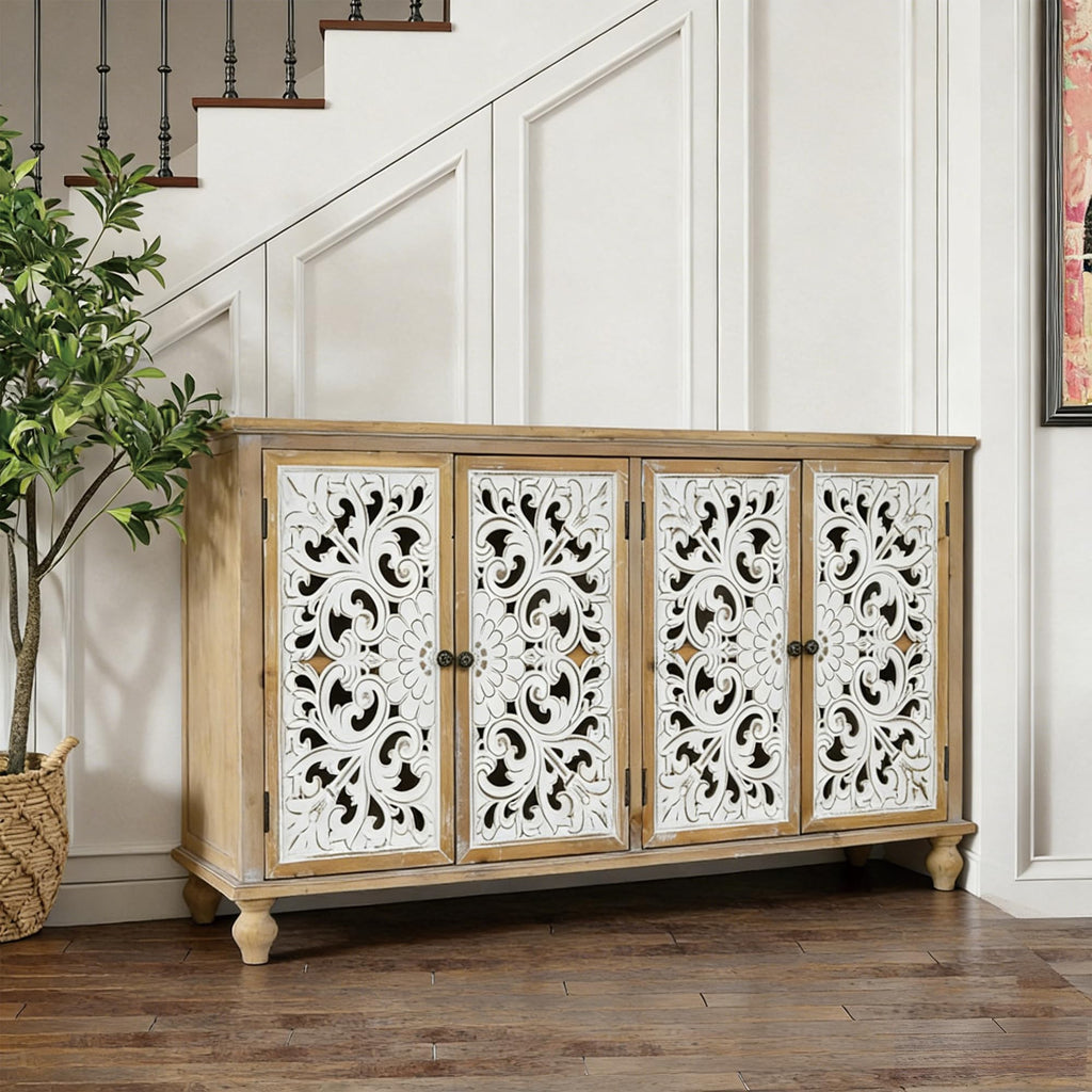 60" Farmhouse Sideboard Buffet, Solid Wood Credenza Storage Cabinet