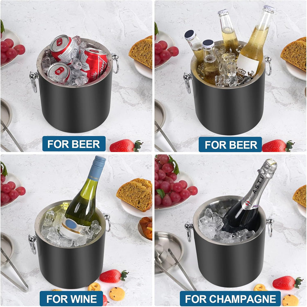 Ice Bucket with Lid & Tong- Well Made Insulated Stainless Steel Keep Ice Frozen Longer